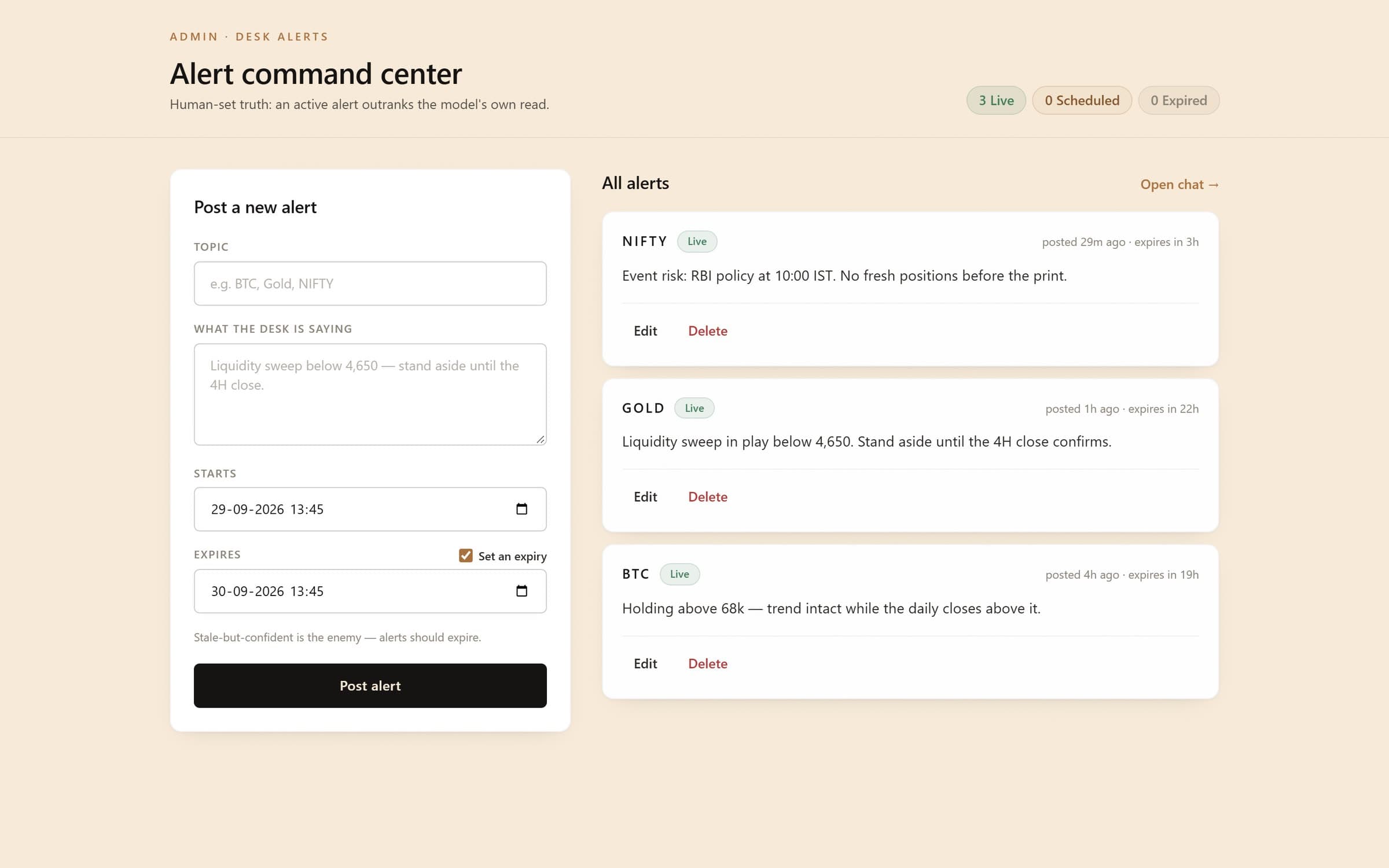 The alert console: post, schedule and expire desk alerts