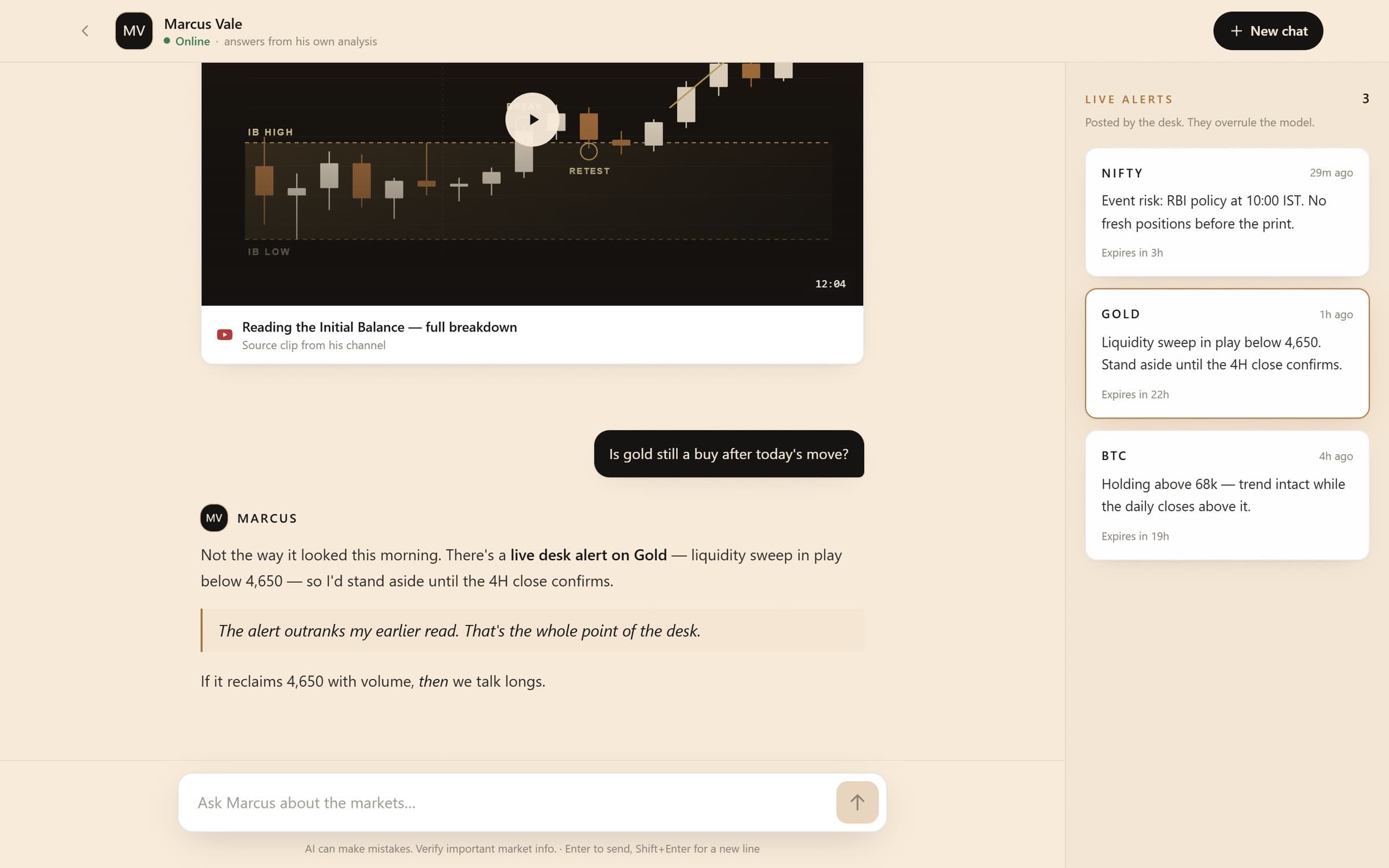 An answer deferring to a live desk alert on Gold