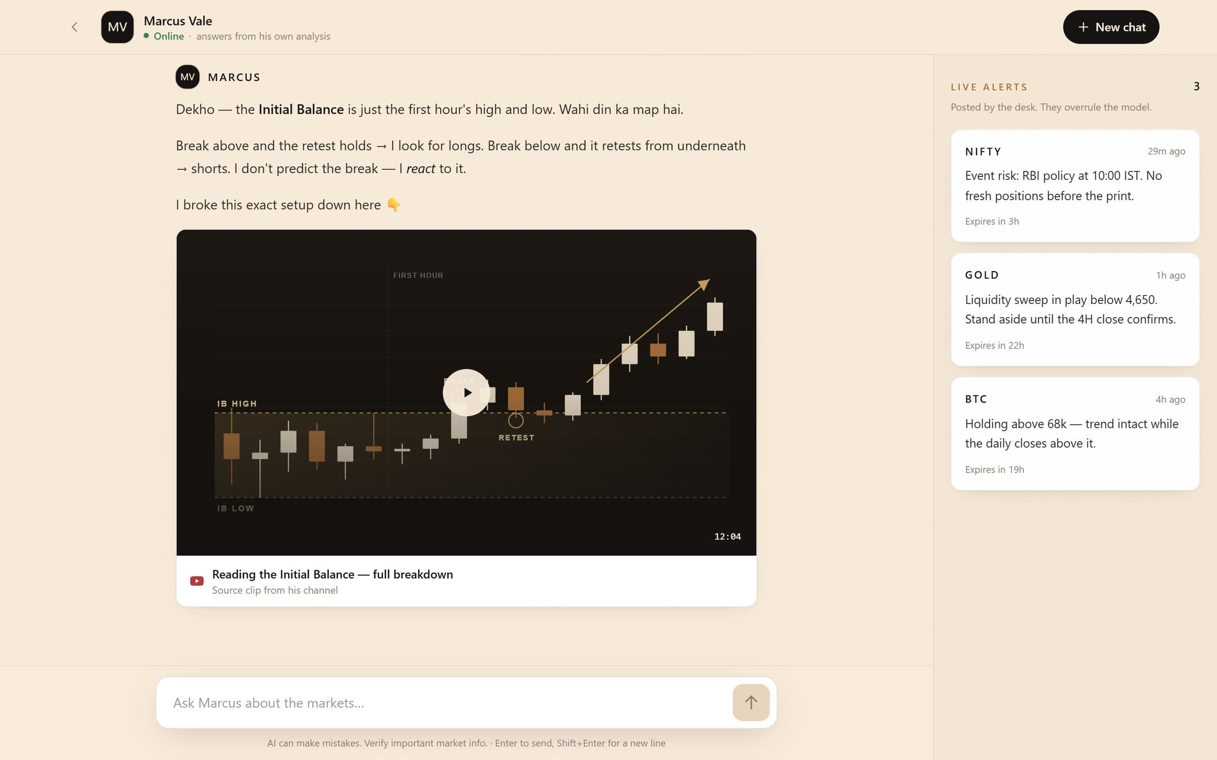 Chat interface answering in the creator's voice, with the source clip and live alerts