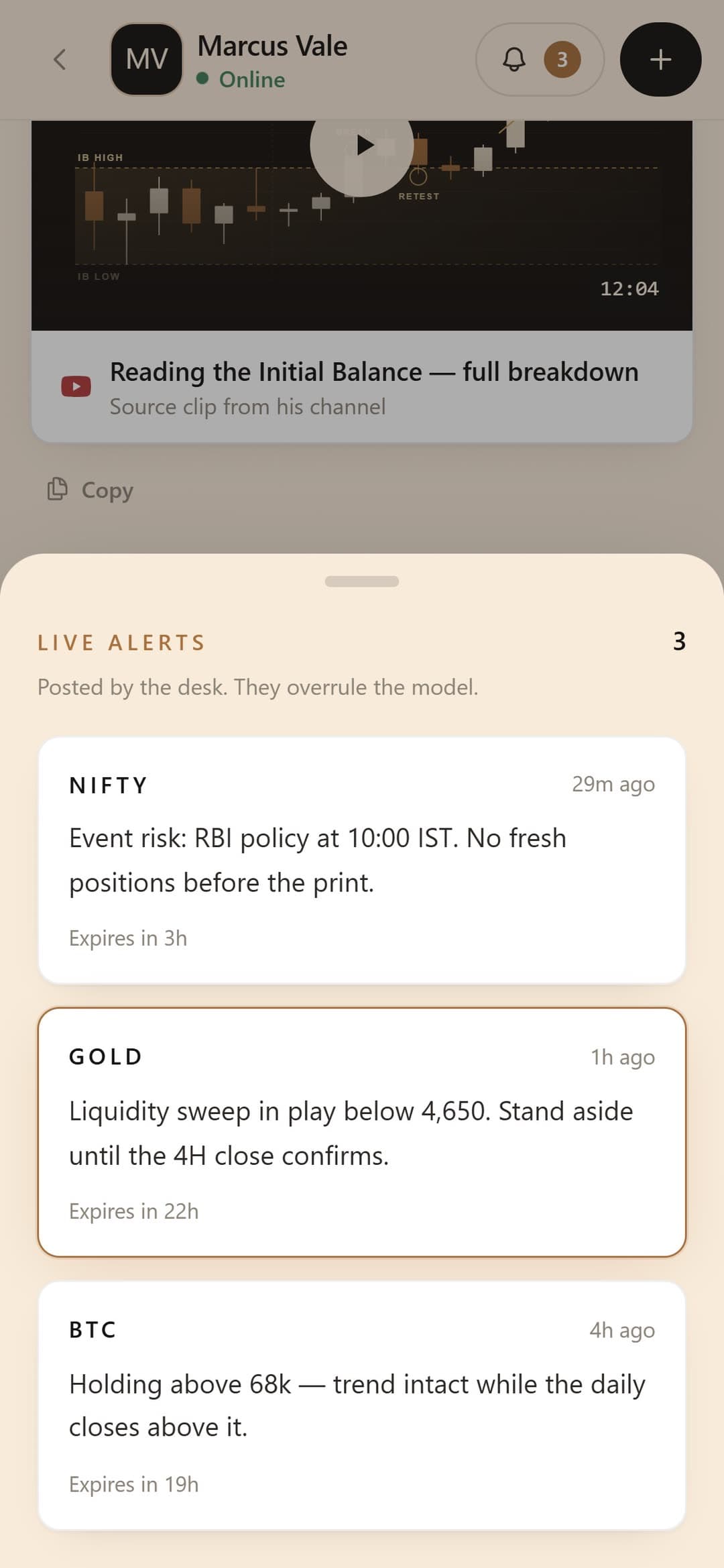 Live alerts as a bottom sheet on a phone
